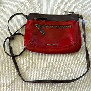 Tignanello Red Leather Crossbody Bag Adjustable Buckle Strap.
